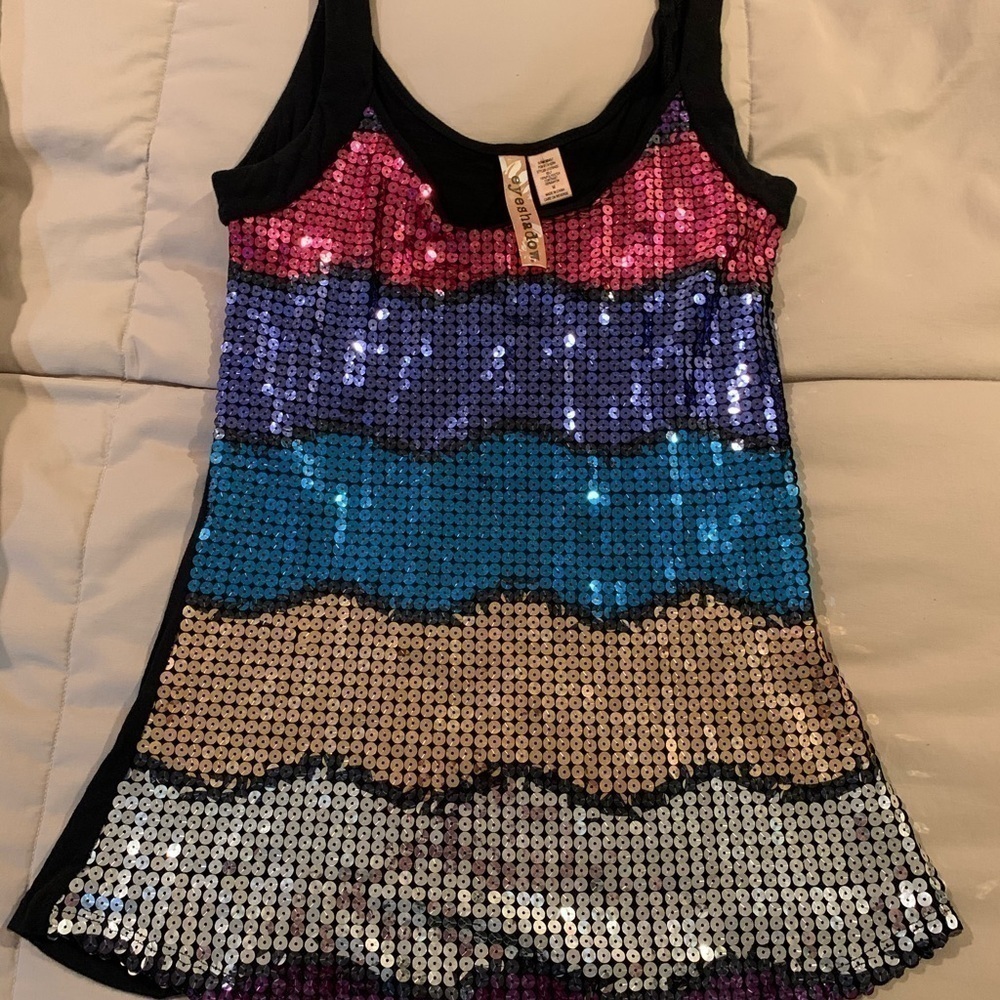 Eyeshadow rainbow glitter tank. Size M. Poly&Rayon